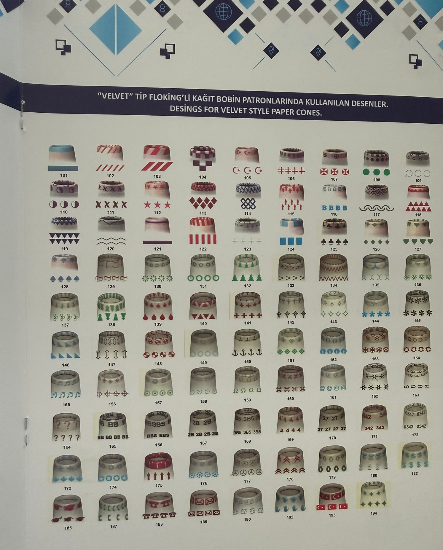 Catalog page of flocked paper cone pattern designs
