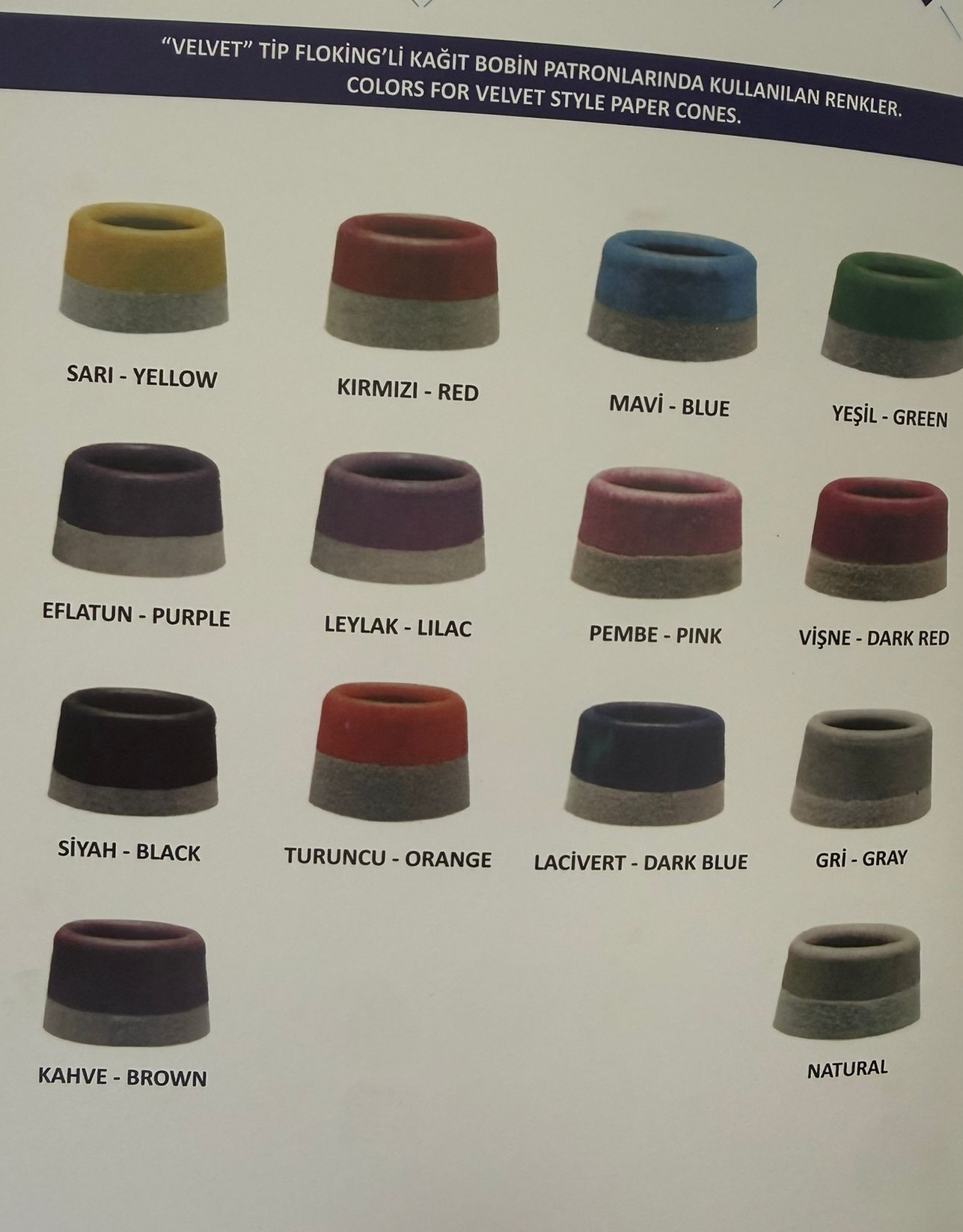 Catalog page of flocked paper cone tip colors