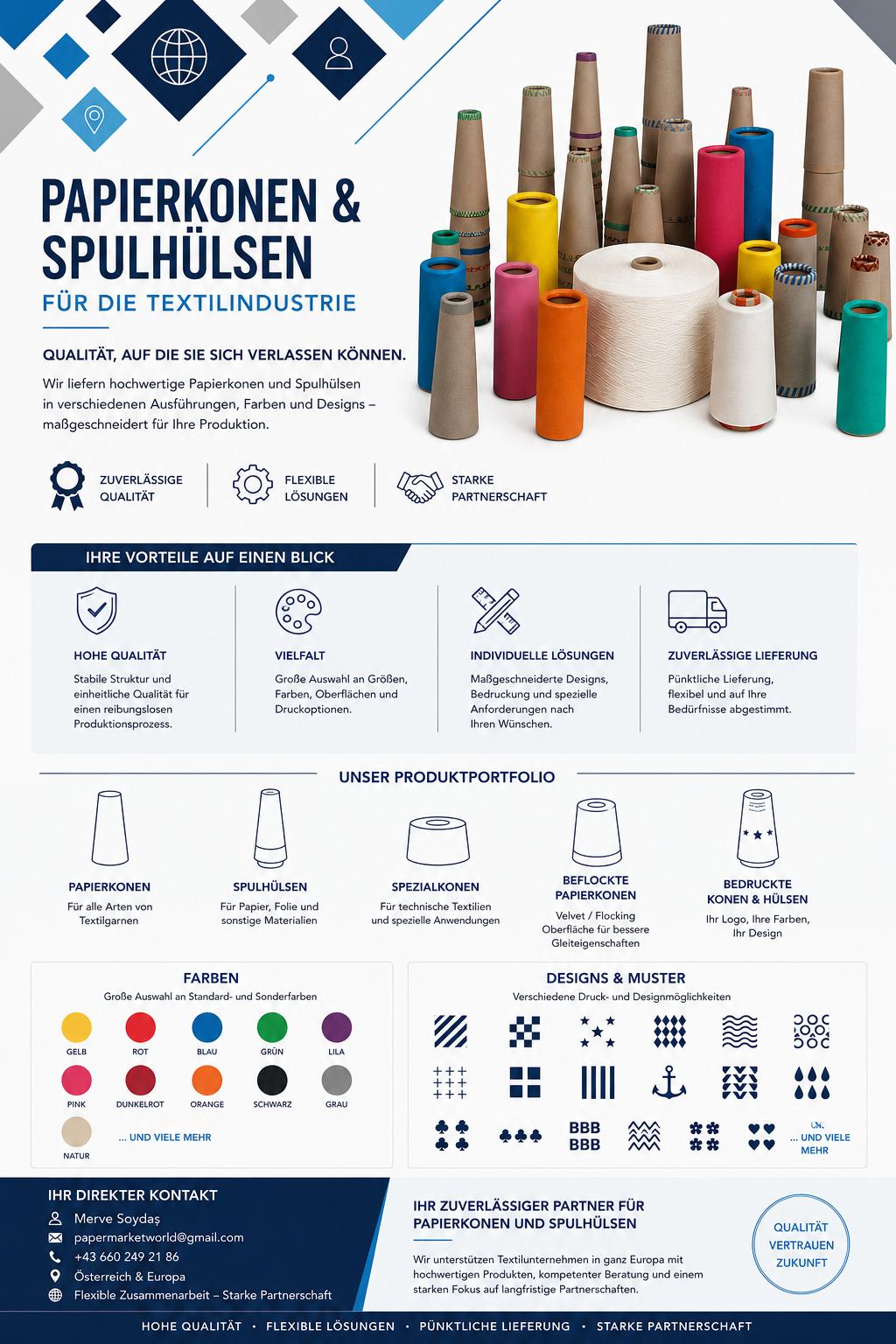 German product flyer for paper cones and spool tubes