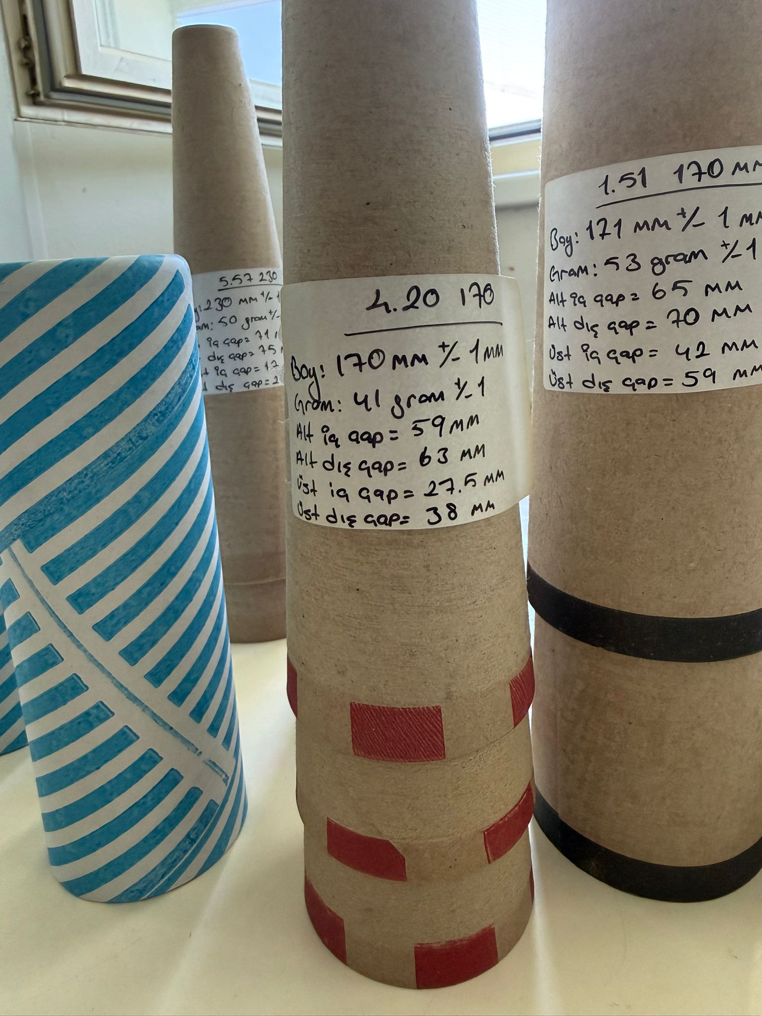 Paper cone samples with handwritten measurement labels