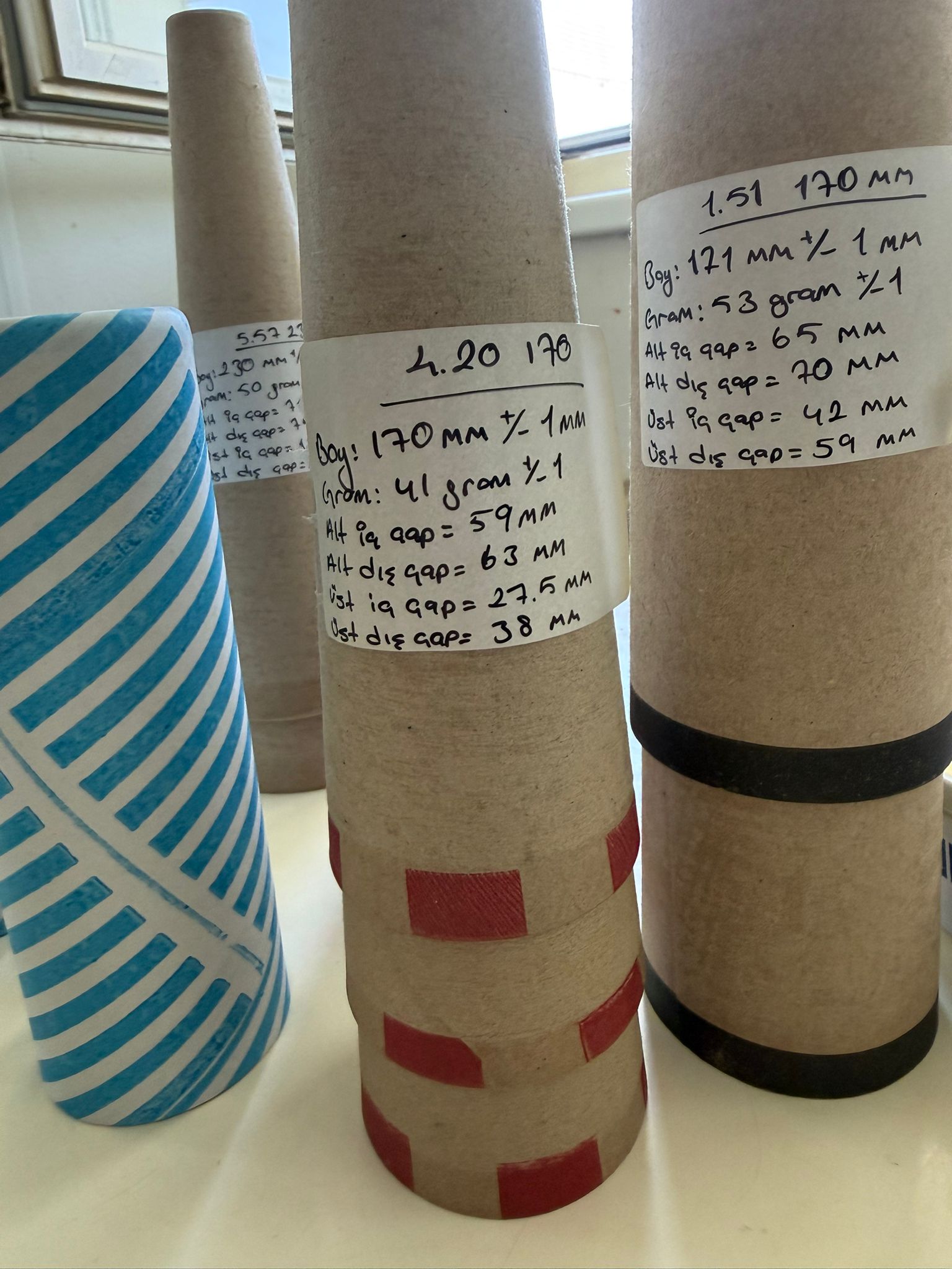 Close view of labeled paper cones and spool tubes